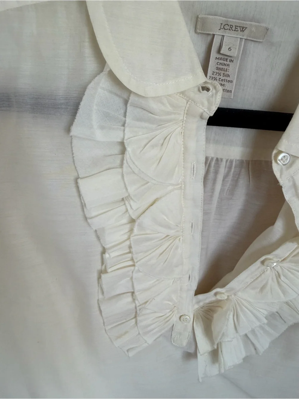 J. Crew Cream Ruffled Collar Short Sleeve Blouse